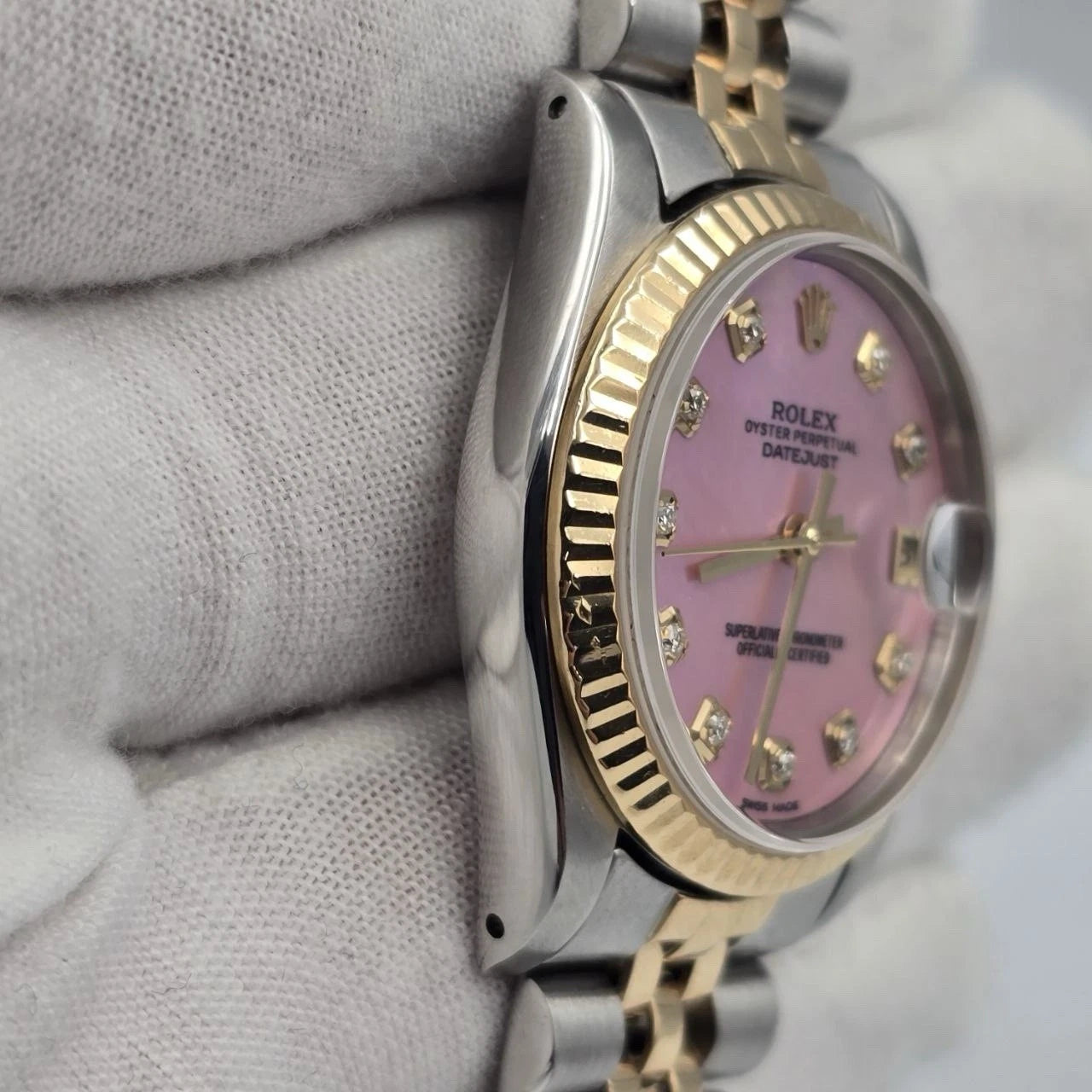 Rolex Datejust Ladies 31mm 18k Two Tone 68273 Pink MOP Diamond Dial Watch