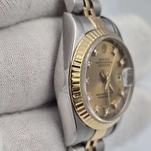 Rolex Datejust 26mm Champagne Diamond Dial NO HOLES Two Tone Jubilee Watch 69173