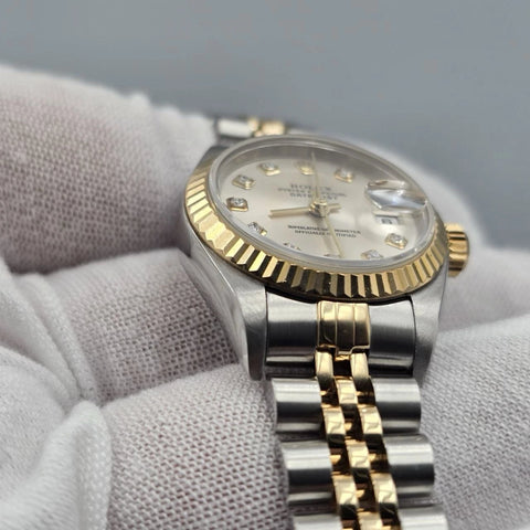 PAPERS Rolex Datejust Gold Steel Factory Rhodium Diamond Dial Jubilee 26mm 79173