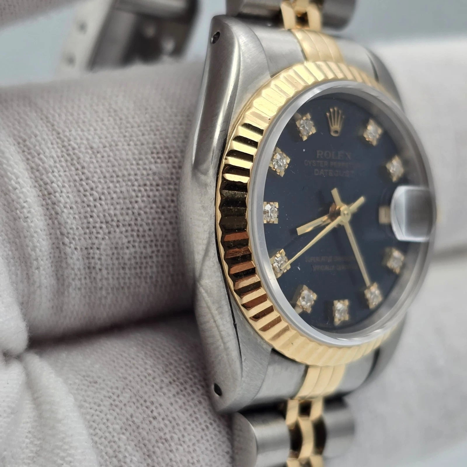 Rolex Lady Datejust 26mm Yellow Gold Steel Factory Blue Diamond Dial 69173