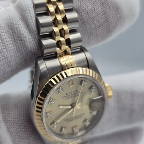 Rolex Datejust 26mm Champagne Diamond Dial Two Tone NO HOLES Jubilee Watch 69173