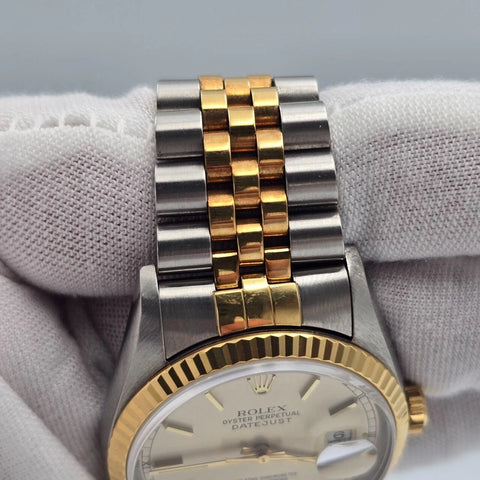PAPERS Rolex Datejust Yellow Gold Steel Silver Dial 36mm NO HOLES 16233 Watch