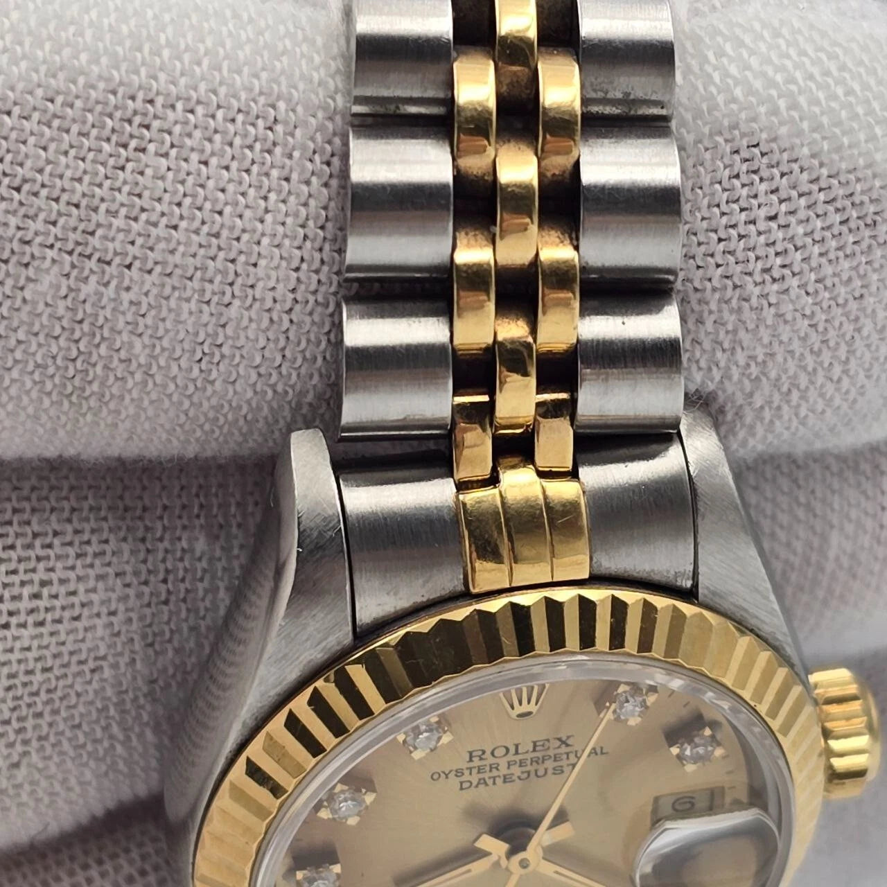 Rolex Lady Datejust 18K Gold Steel NO HOLES 26mm Champagne Diamond Dial 69173