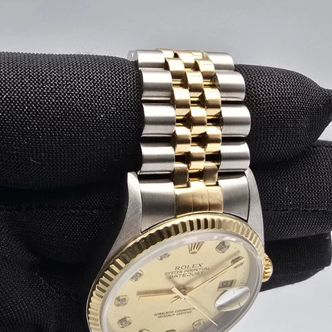 Rolex Datejust 36mm NO HOLES Champagne Diamond Dial 18K Gold TT Watch 16233
