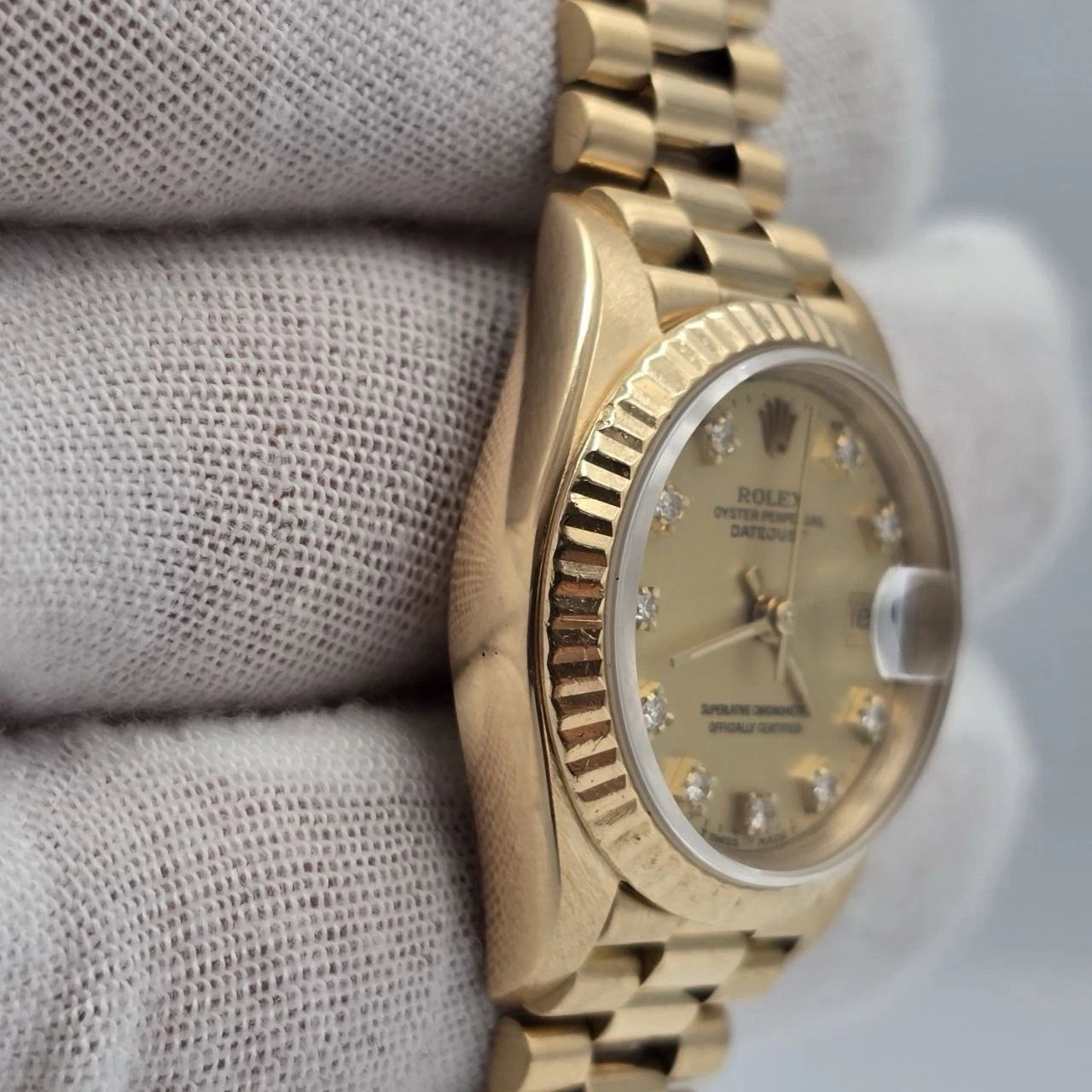 Rolex Ladies Datejust Gold President Factory Champagne Diamond Dial 26mm 69178