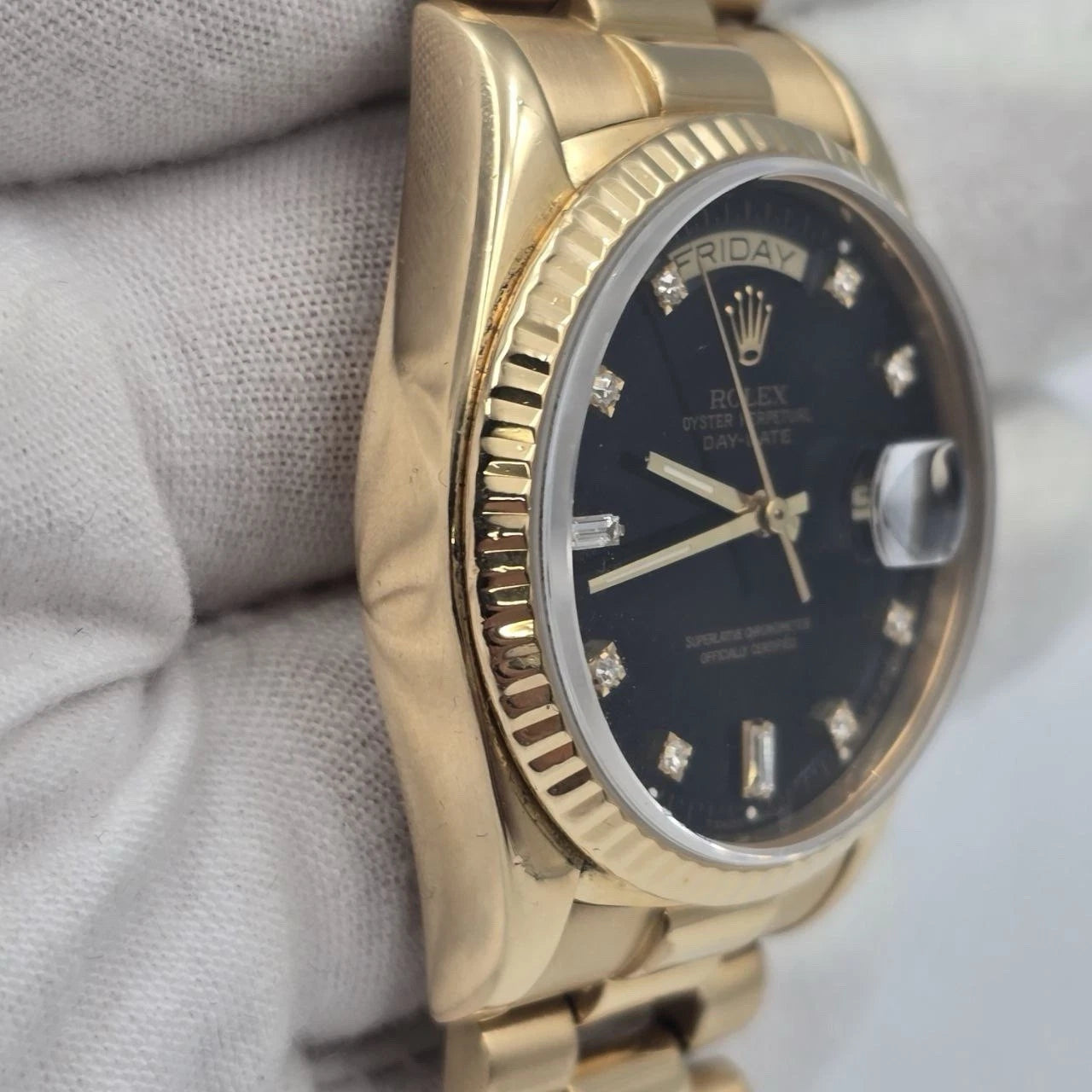 Rolex Day-Date 18038 President 18k Gold FACTORY Black Diamond Dial 36mm Watch