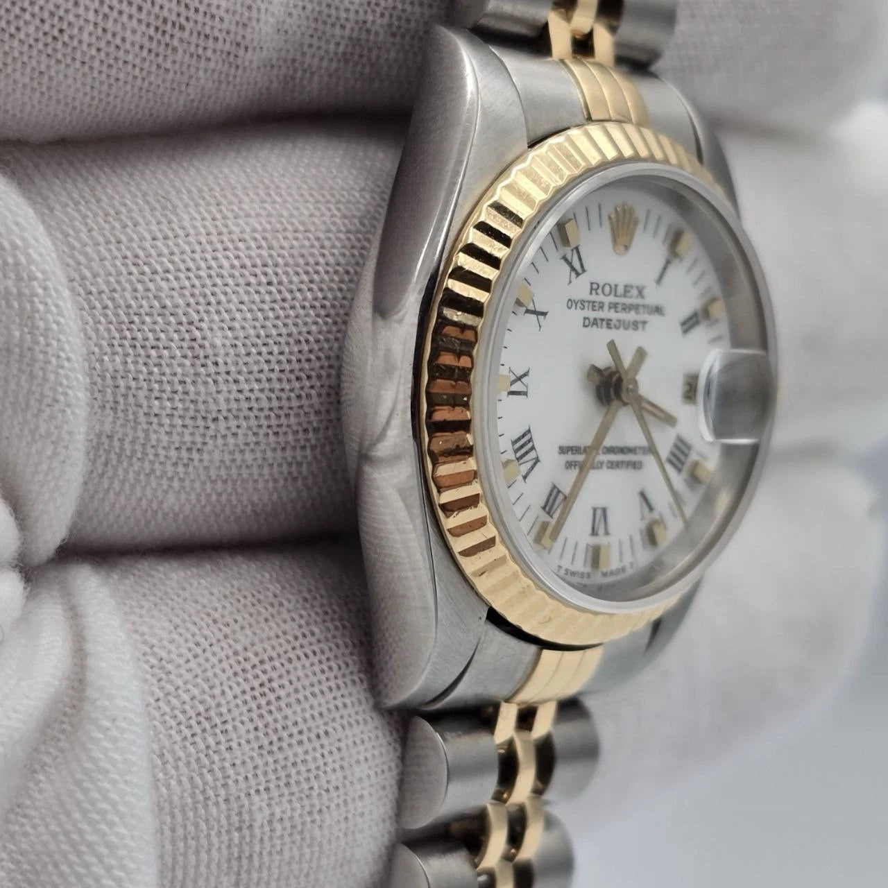 Rolex Lady Datejust 26mm Two Tone White Roman Dial Jubilee NO HOLES 69173
