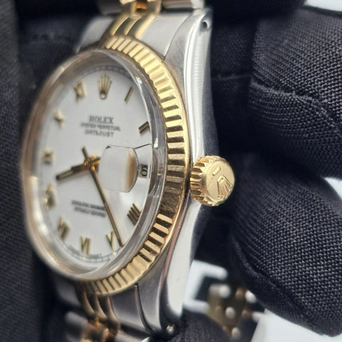 Rolex DateJust 36mm White Roman Fluted Two-Tone 18K Yellow Gold Jubilee 16013