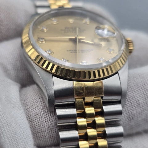 PAPERS Rolex DateJust 36mm NO-HOLES Champagne Diamond Dial TT 18K 16233 BOX