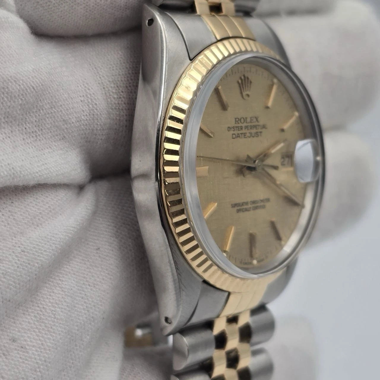 PAPERS Rolex Datejust Champagne Linen Two-Tone Gold Jubilee 16013 36mm Watch