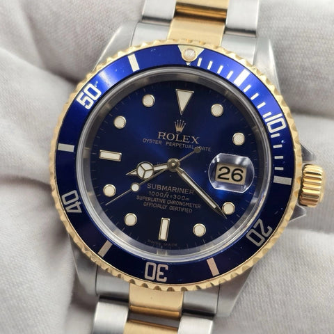 2005 Rolex Submariner 16613 NO HOLES Blue Dial Two Tone Steel Gold 40mm Watch