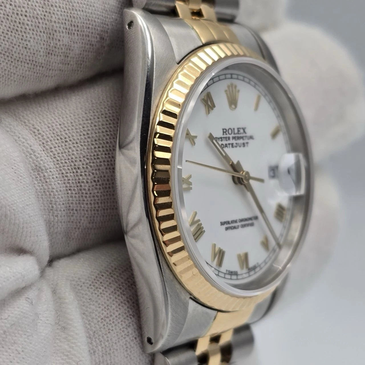 Rolex Datejust 36mm White Roman Dial 18K Gold Two Tone Watch 16233
