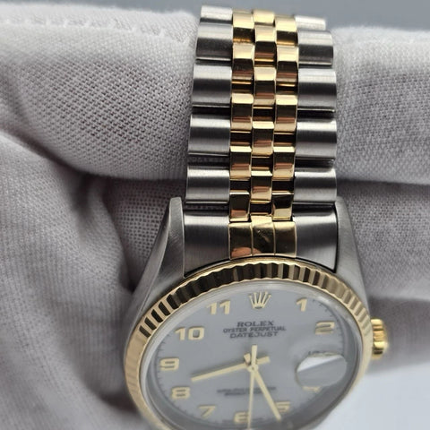 Rolex Datejust 36mm NO-HOLES White Arabic Two-Tone 18K Watch 16233
