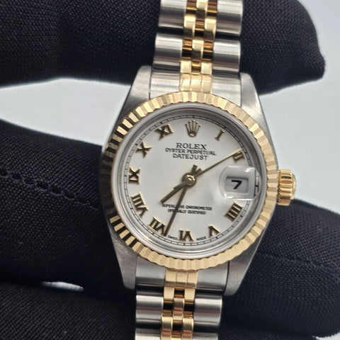 Rolex Lady Datejust Gold Steel Fluted Bezel White Roman Jubilee 26mm Watch 79173