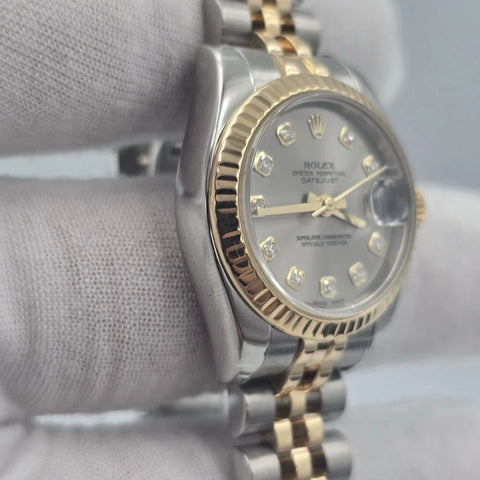 PAPERS MINT Rolex Datejust 18k Two Tone Gray Diamond Dial 26mm Watch 179173