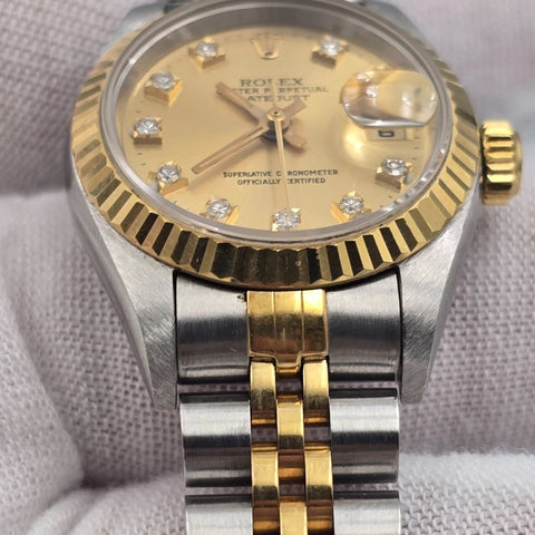 PAPERS Rolex Lady Datejust 18K Gold Steel Champagne NO HOLES Diamond Dial 69173