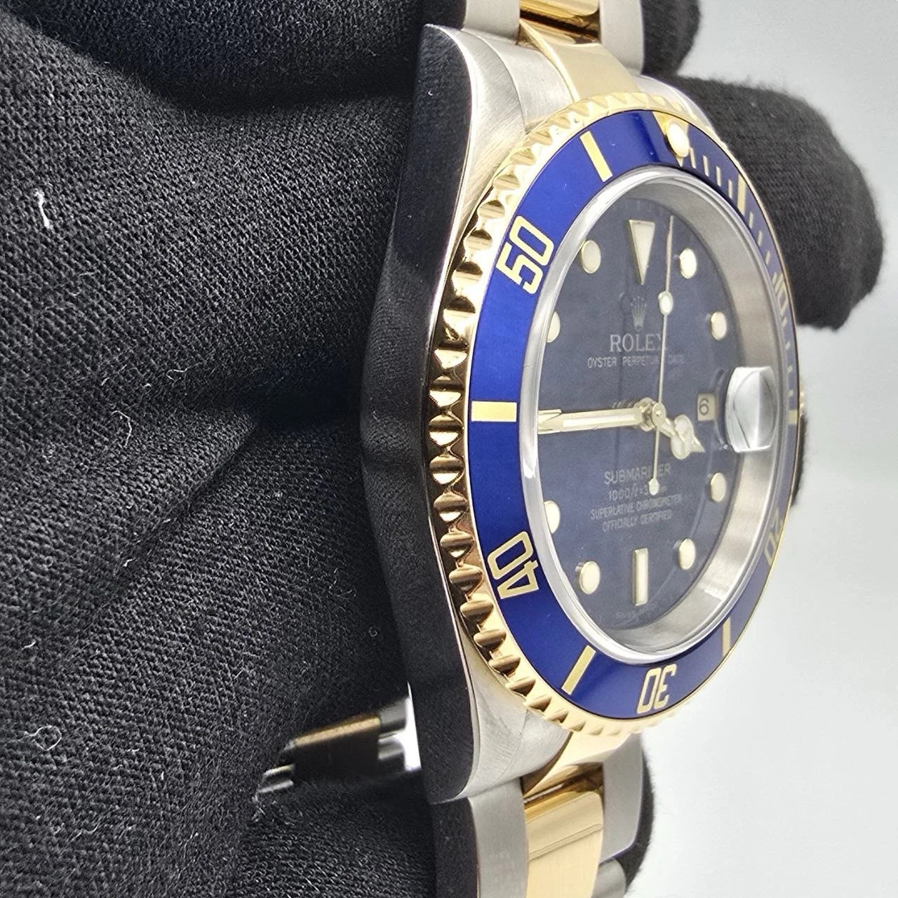 2007 Rolex Submariner 16613 NO HOLES Blue Dial Two Tone Steel Gold 40mm Watch