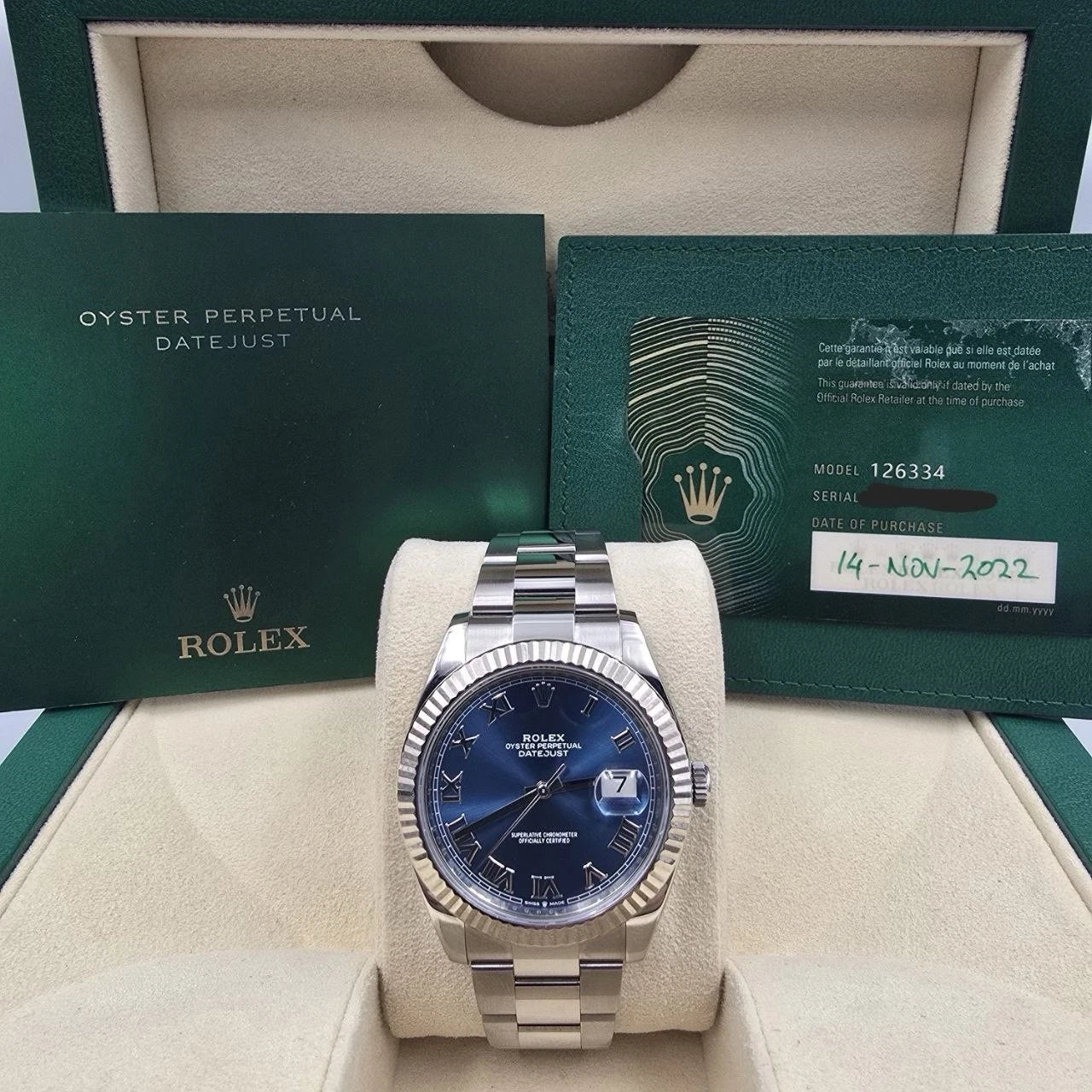 2022 PAPERS Rolex Datejust 126334 Steel Oyster Azzurro Blue Roman Dial 41mm BOX