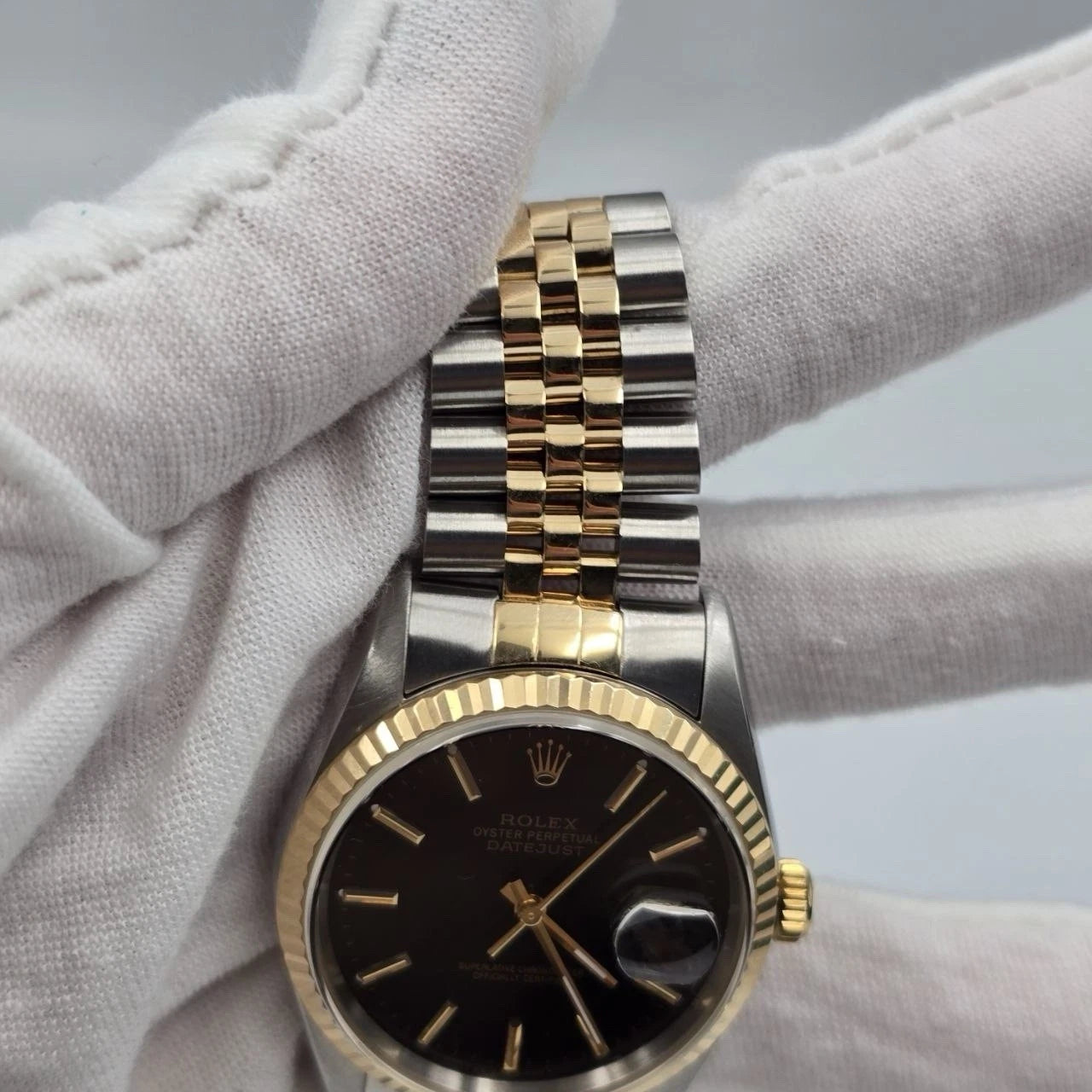 Rolex Datejust 36mm Black Stick Dial Two Tone Gold Stainless Steel Jubilee 16233