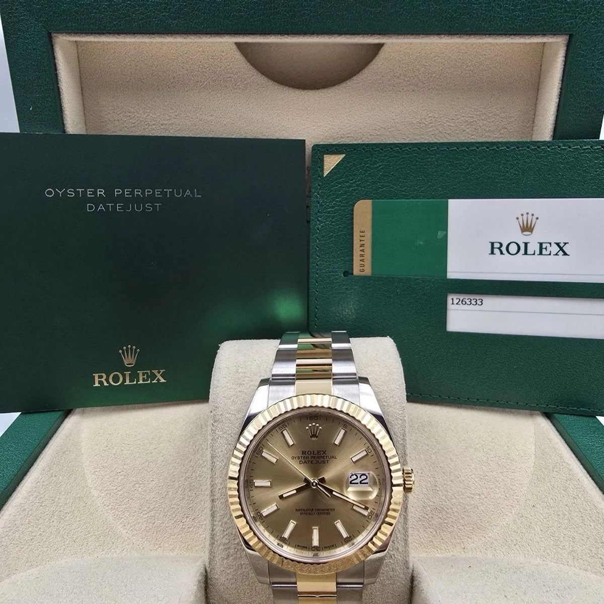 2017 PAPERS Rolex Datejust 41mm Champagne Dial Oyster 18K Gold Steel 126333 BOX