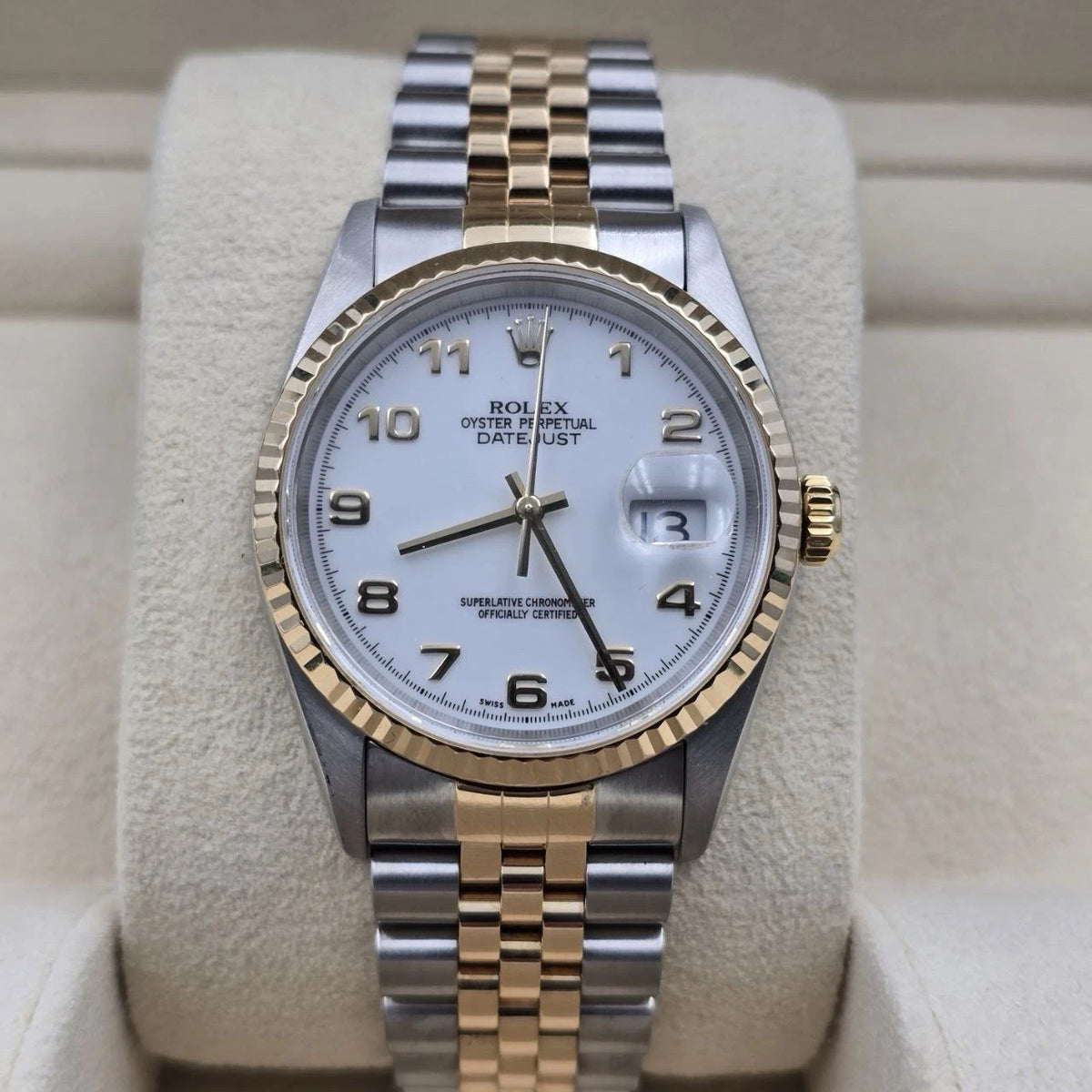 Rolex Datejust 36mm NO-HOLES White Arabic Two-Tone 18K Watch 16233