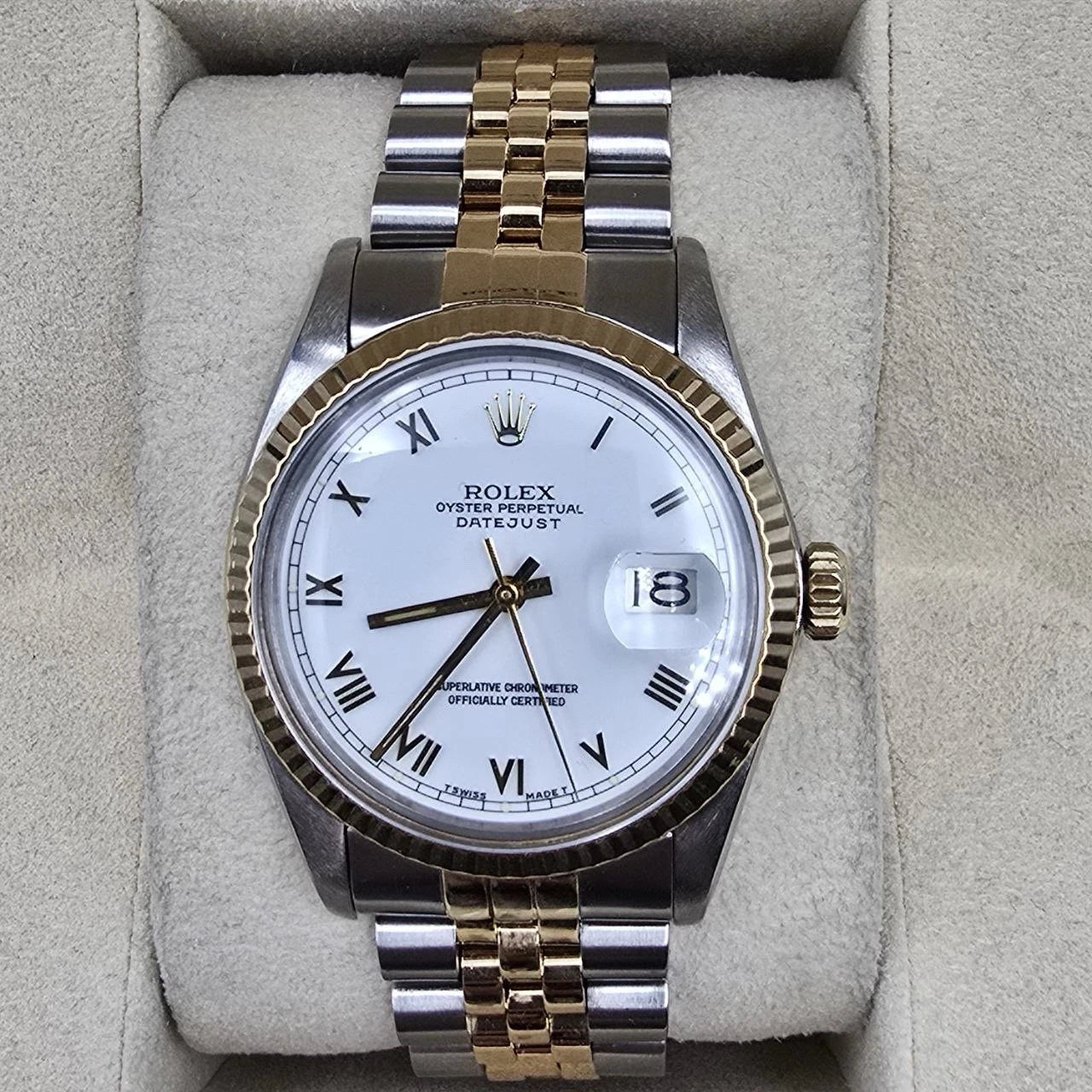 Rolex DateJust 36mm White Roman Fluted Two-Tone 18K Yellow Gold Jubilee 16013