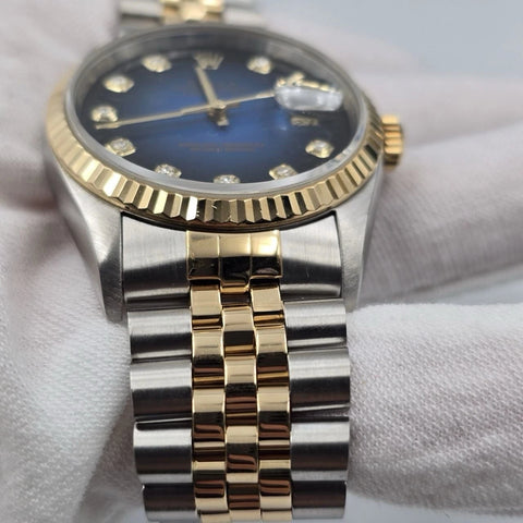Rolex Datejust 36mm Blue Vignette Diamond Dial Two Tone 18K Gold Jubilee 16233