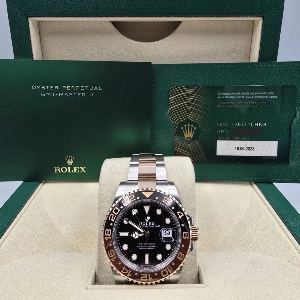 2023 PAPERS Rolex GMT-Master II Rootbeer 40mm 126711CHNR Two-Tone Rose Gold BOX