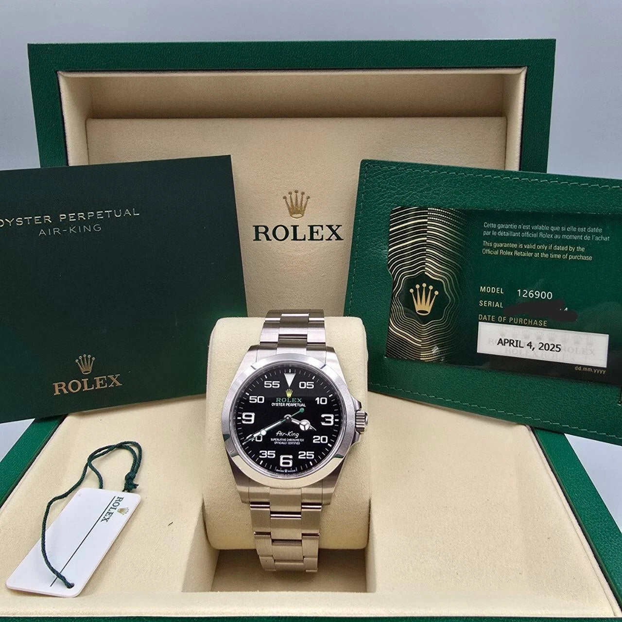PAPERS 2025 Rolex Air King 126900 40mm Stainless Steel Black Dial Watch BOX