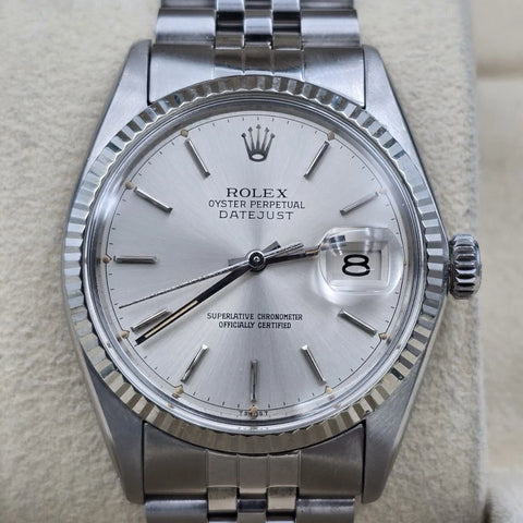 Rolex Datejust 36mm Oyster Perpetual 18k White Gold Steel Silver Dial 16014