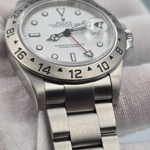 PAPERS Rolex 16570 Explorer II White 40mm Steel NO HOLES Oyster Date Watch