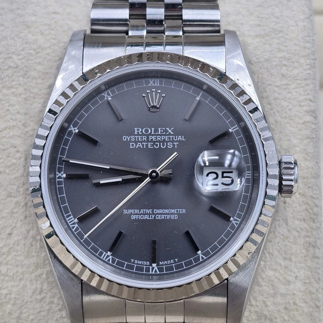 PAPERS Rolex Datejust Grey Ghost Dial Stainless Steel Jubilee 16234 36mm Watch