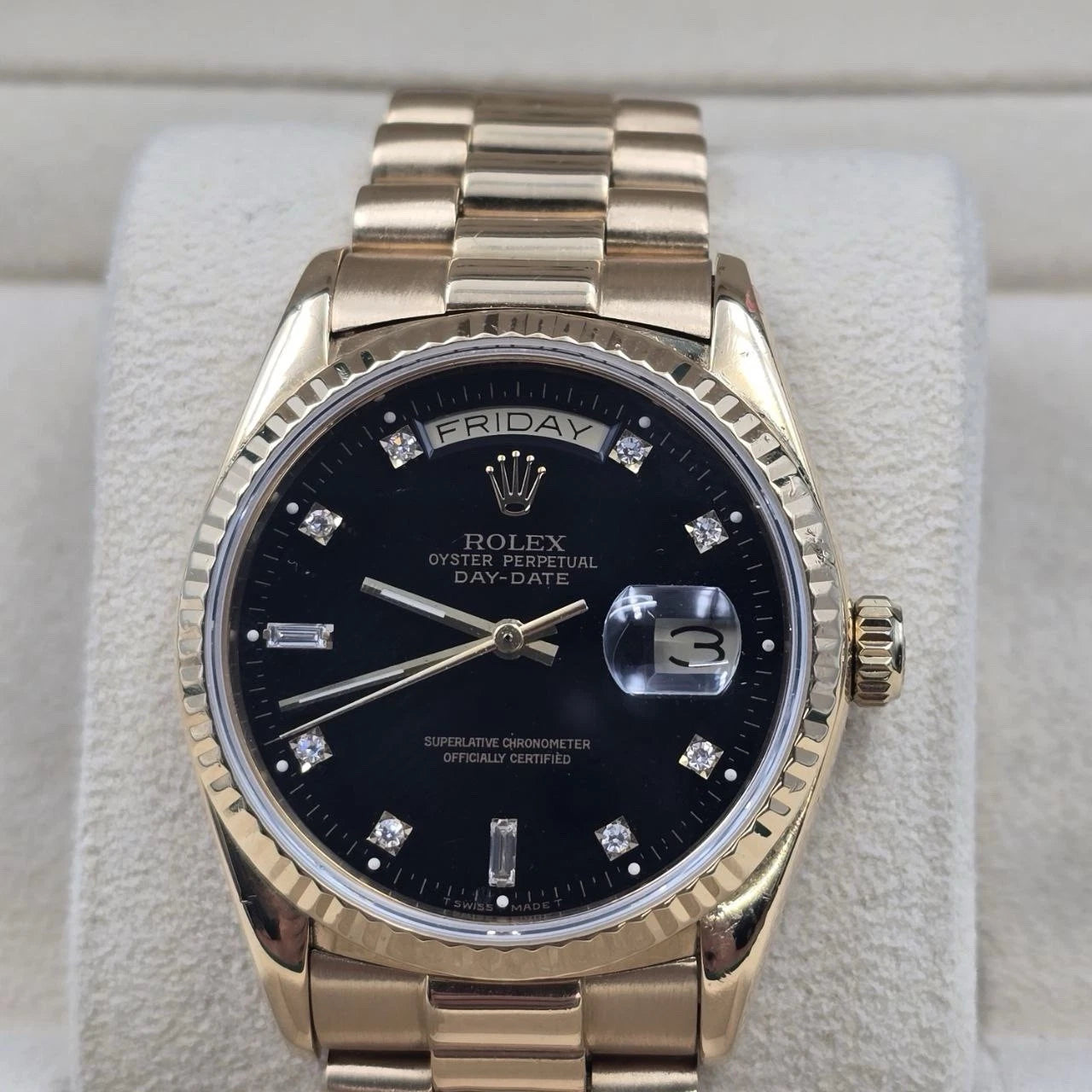 Rolex Day-Date 18038 President 18k Gold FACTORY Black Diamond Dial 36mm Watch