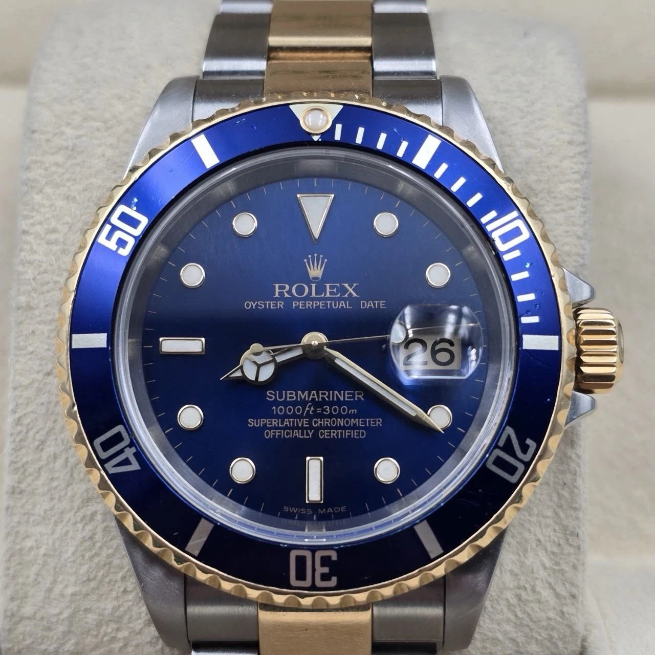 2005 Rolex Submariner 16613 NO HOLES Blue Dial Two Tone Steel Gold 40mm Watch