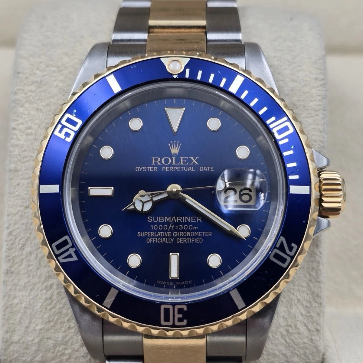 2005 Rolex Submariner 16613 NO HOLES Blue Dial Two Tone Steel Gold 40mm Watch