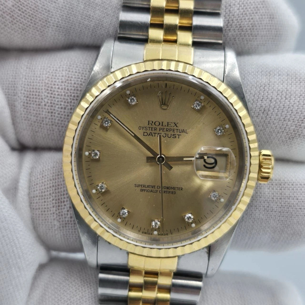 Rolex Datejust 36mm Champagne Diamond Dial 18K Yellow Gold Two Tone Watch 16233