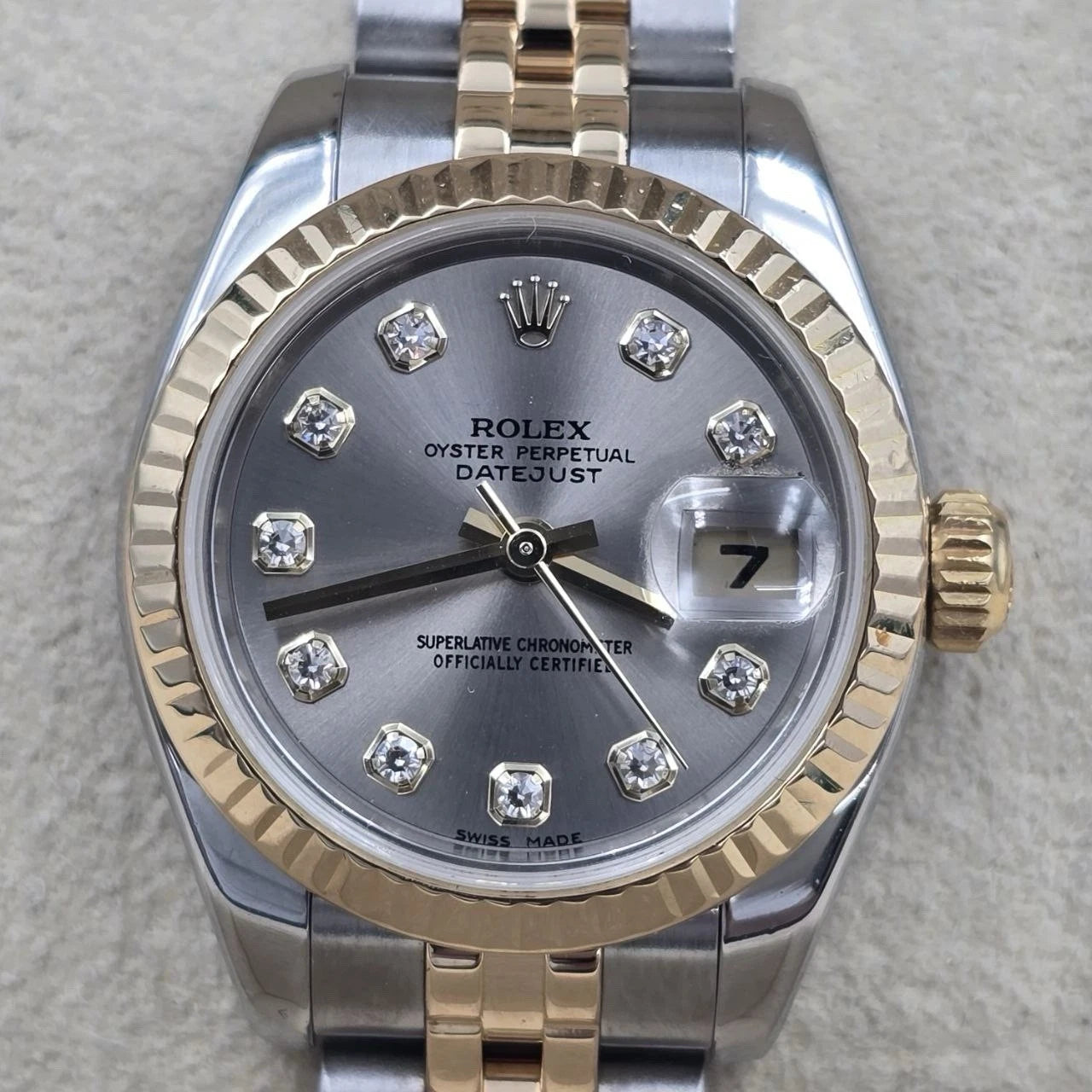 PAPERS MINT Rolex Datejust 18k Two Tone Gray Diamond Dial 26mm Watch 179173