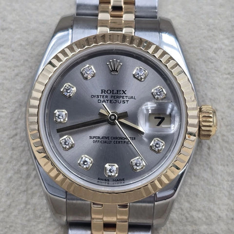 PAPERS MINT Rolex Datejust 18k Two Tone Gray Diamond Dial 26mm Watch 179173