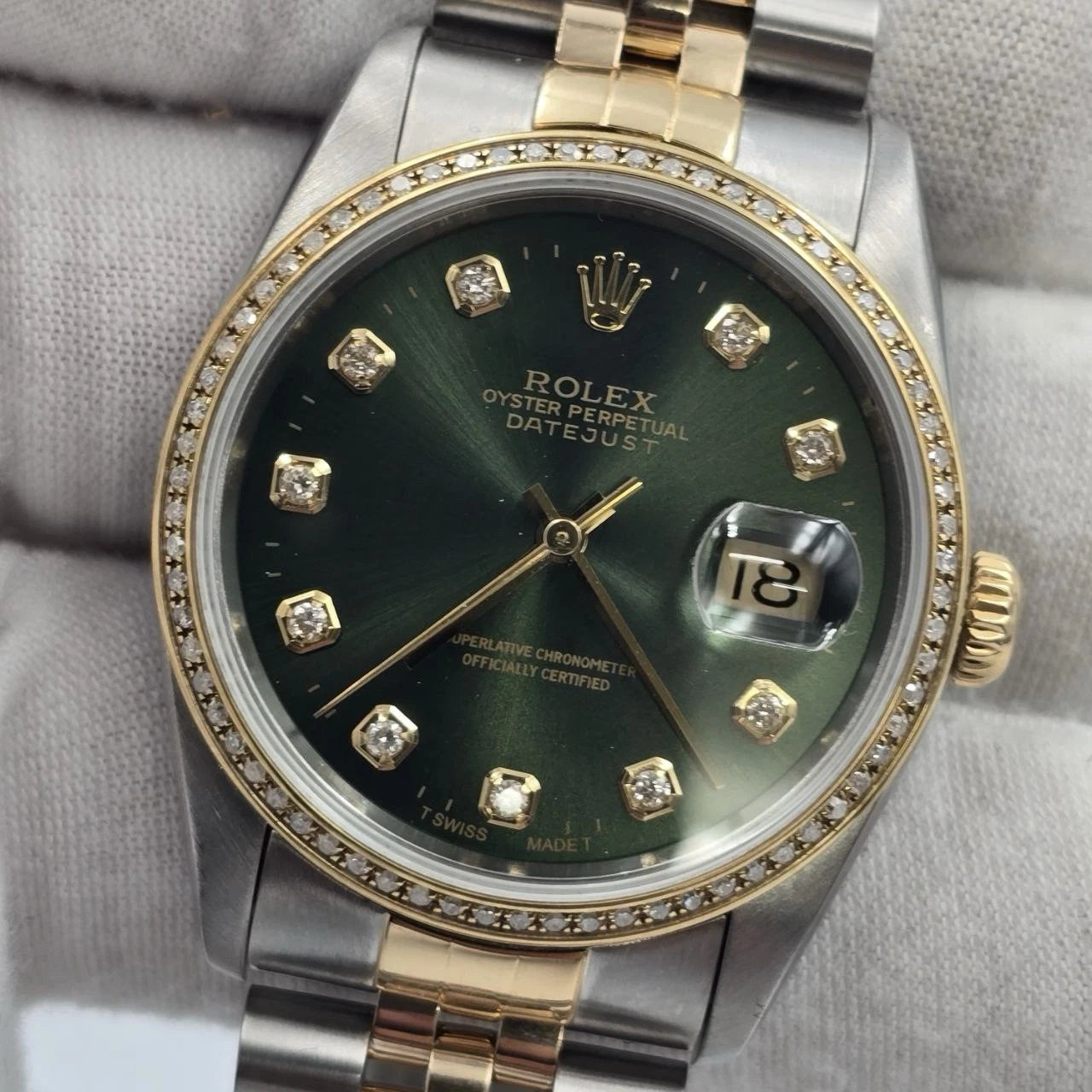 Rolex Datejust 36mm Olive Green Diamond Dial Diamond Bezel Two-Tone Watch 16233