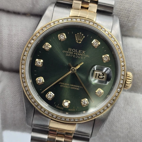 Rolex Datejust 36mm Olive Green Diamond Dial Diamond Bezel Two-Tone Watch 16233