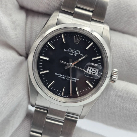 MINT Rolex Oyster Perpetual Date Black Dial Stainless Steel 1500 34mm Watch