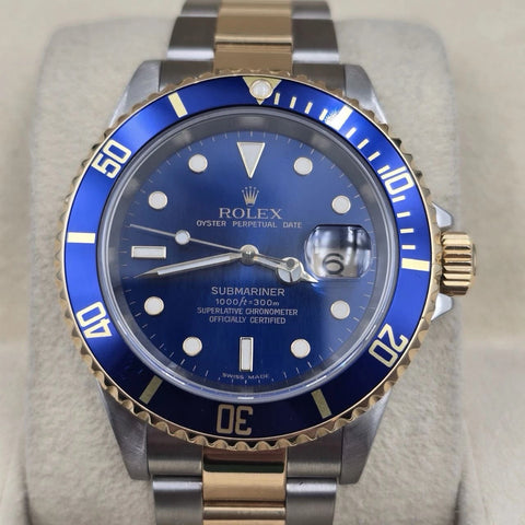 2007 Rolex Submariner 16613 NO HOLES Blue Dial Two Tone Steel Gold 40mm Watch