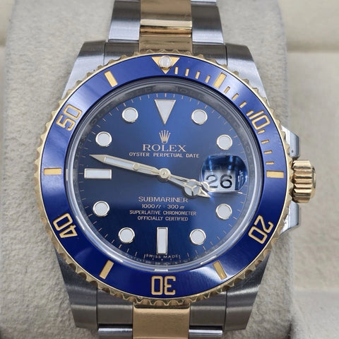 PAPERS 2016 Rolex Submariner Date 116613LB Blue Dial Gold TT 40mm Watch BOX