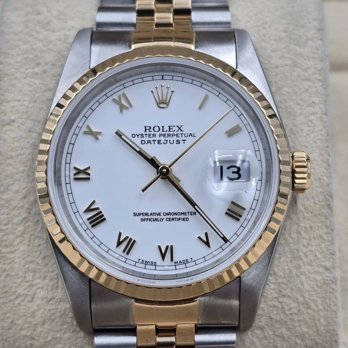Rolex Datejust 36mm White Roman Dial 18K Gold Two Tone Watch 16233