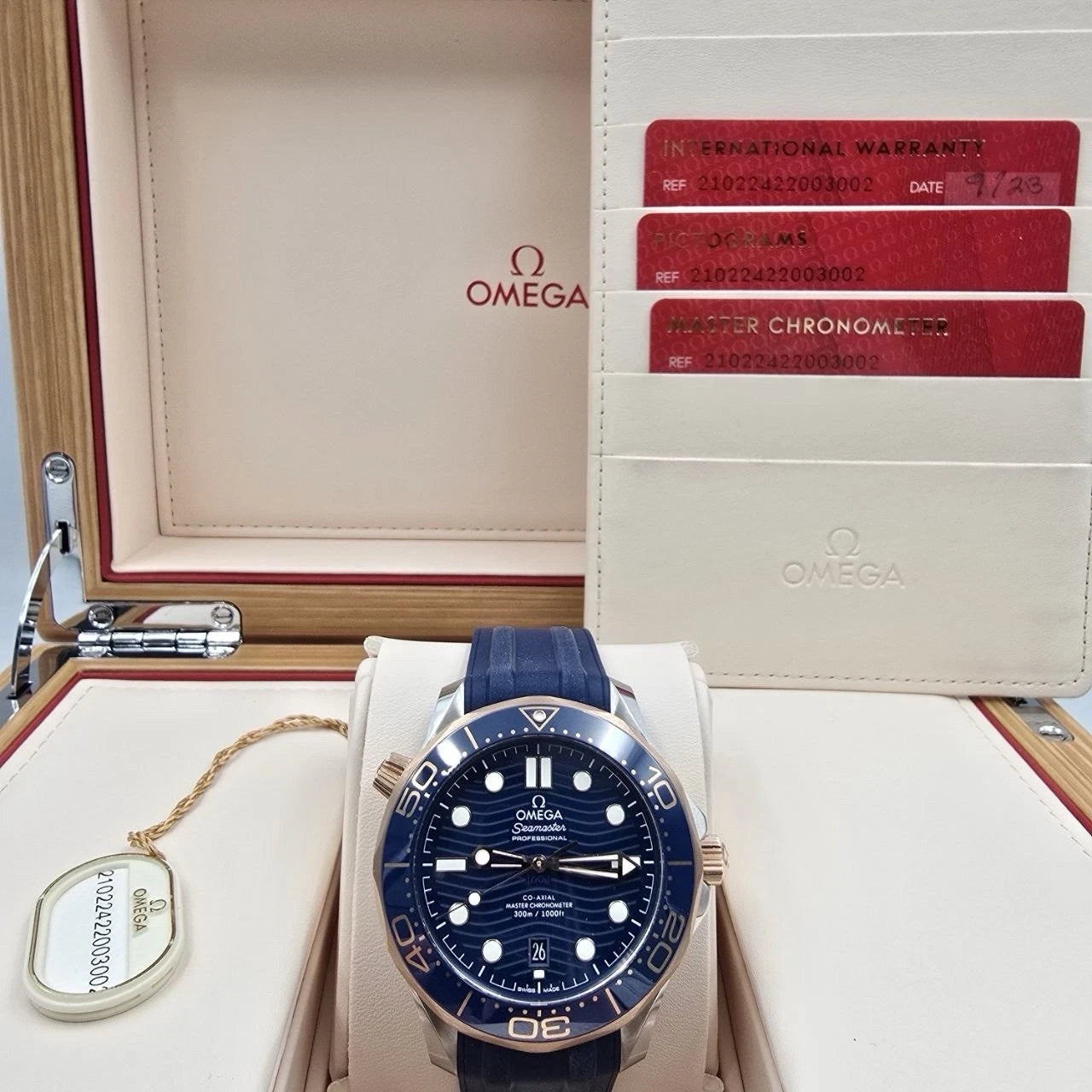 NEW 2023 Omega Seamaster Diver 300M Sedna Gold Blue Dial 210.22.42.20.03.002