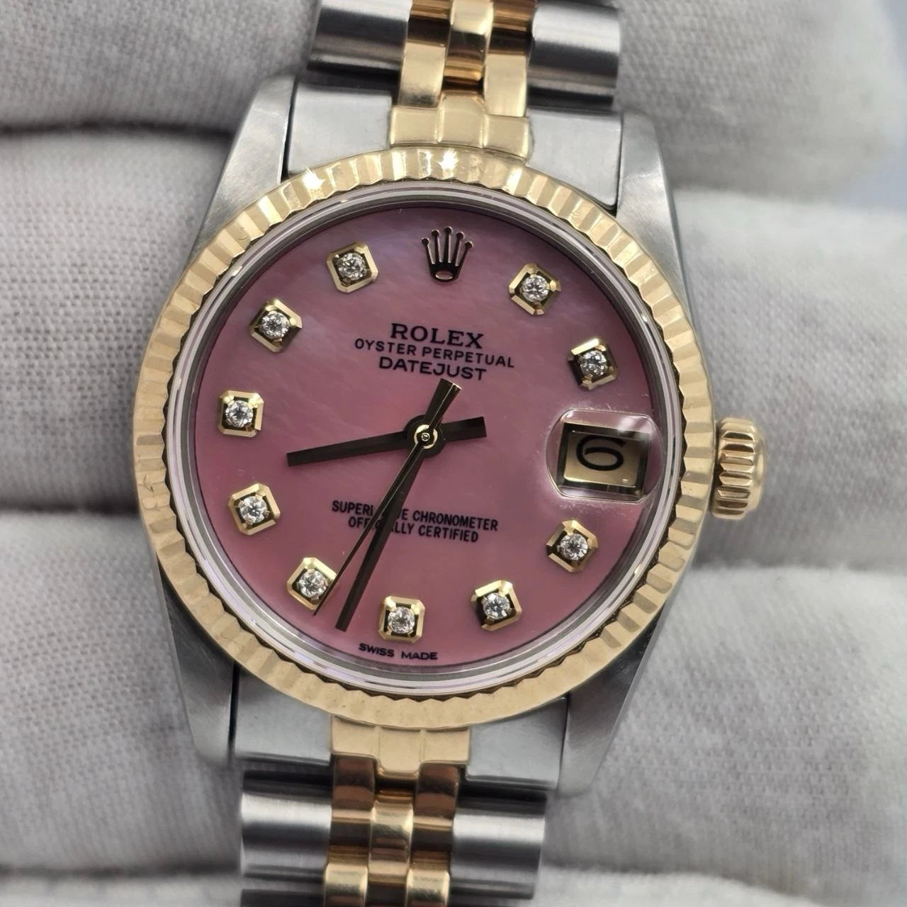 Rolex Datejust Ladies 31mm 18k Two Tone 68273 Pink MOP Diamond Dial Watch