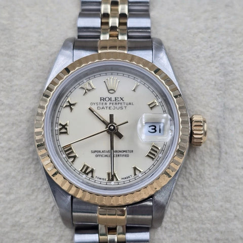 PAPERS Rolex Datejust 26mm 69173 Two Tone Jubilee Cream Roman Dial Watch