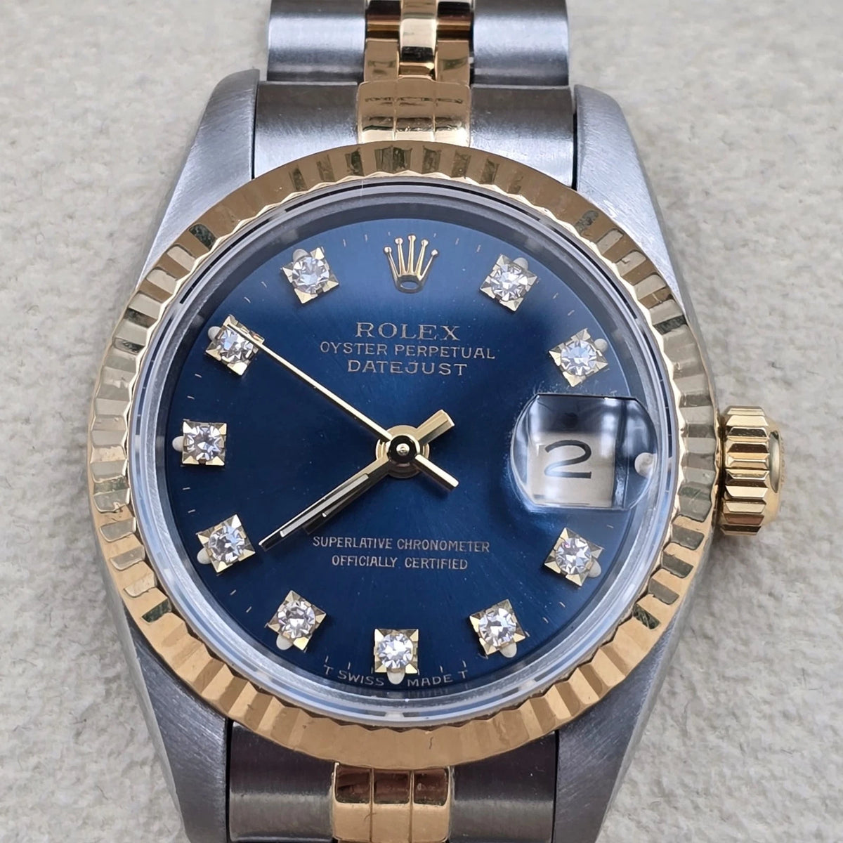 Rolex Lady Datejust 26mm Yellow Gold Steel Factory Blue Diamond Dial 69173