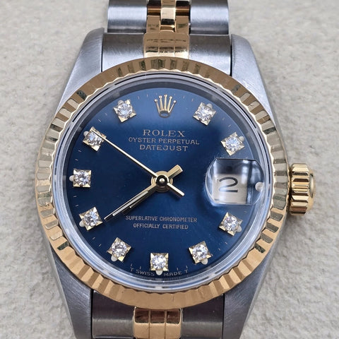Rolex Lady Datejust 26mm Yellow Gold Steel Factory Blue Diamond Dial 69173