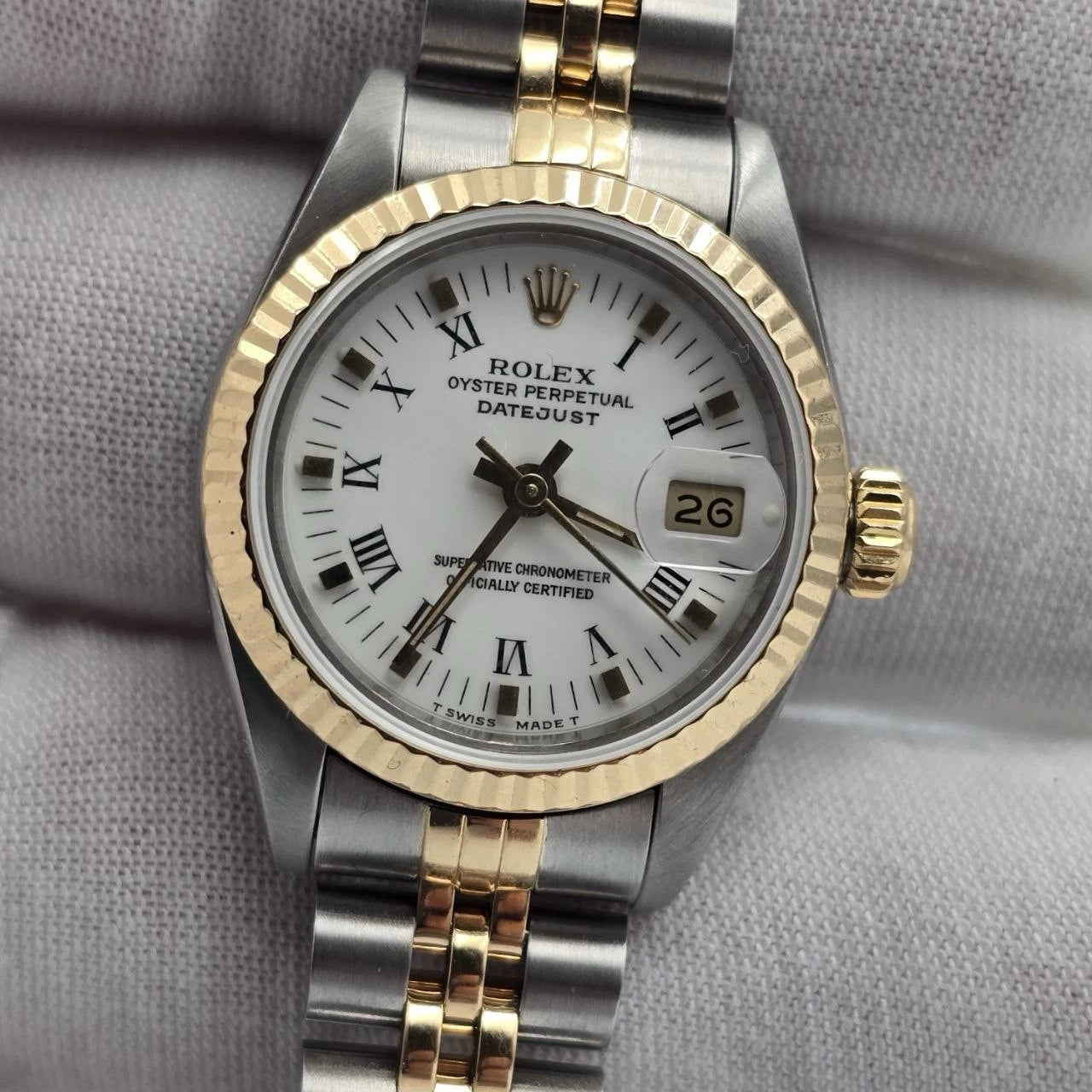 Rolex Lady Datejust 26mm Two Tone White Roman Dial Jubilee NO HOLES 69173